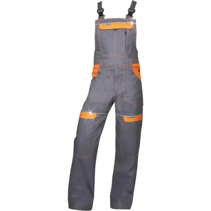 pantaloni de salopeta cu bretele gri cu elemente portocalii