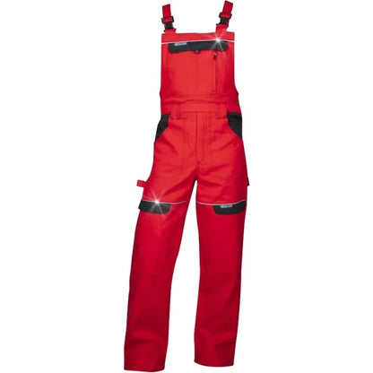pantaloni de lucru cu bretele rosu cu elemente negre